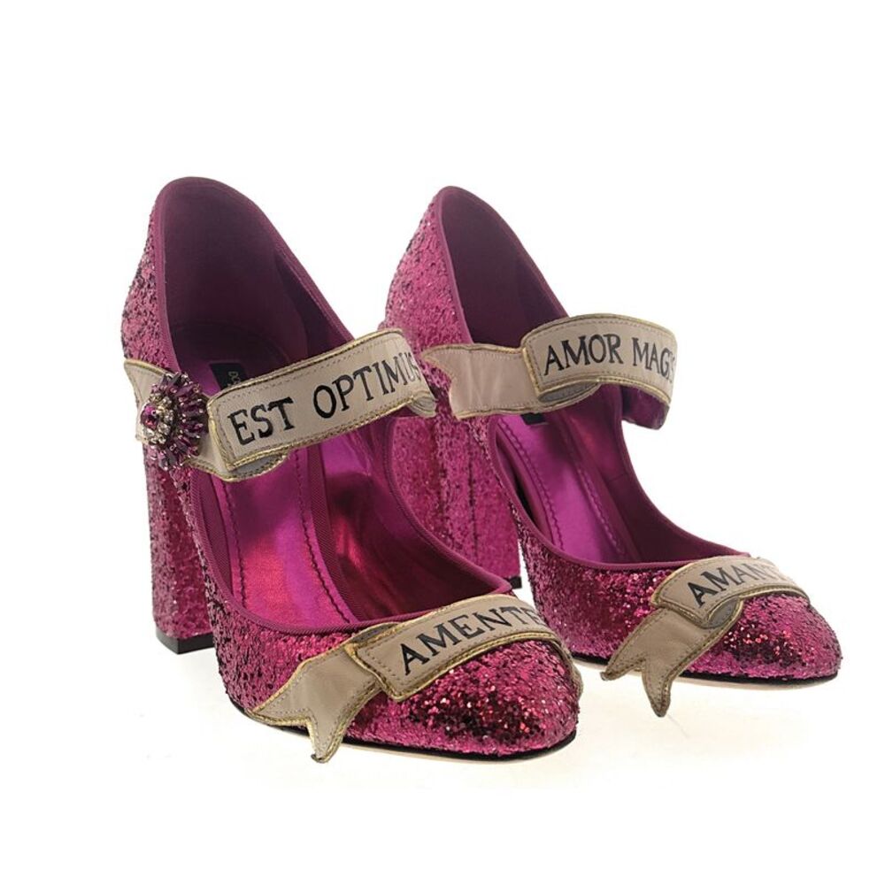 Dolce & Gabbana Fuchsia Glitter Heels with Embellished Straps